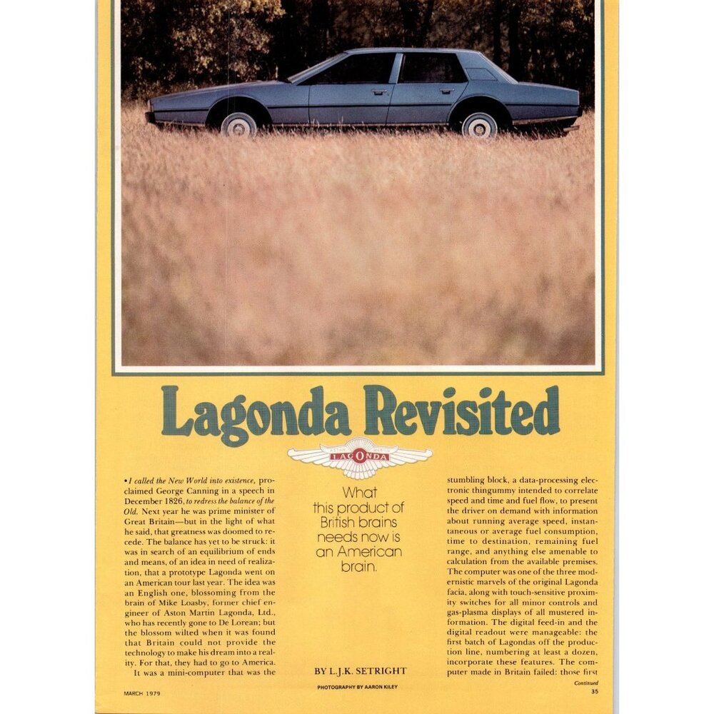1979 Aston Martin Lagonda Sedan 4 Page Vintage Print Article Man Cave Wall Art